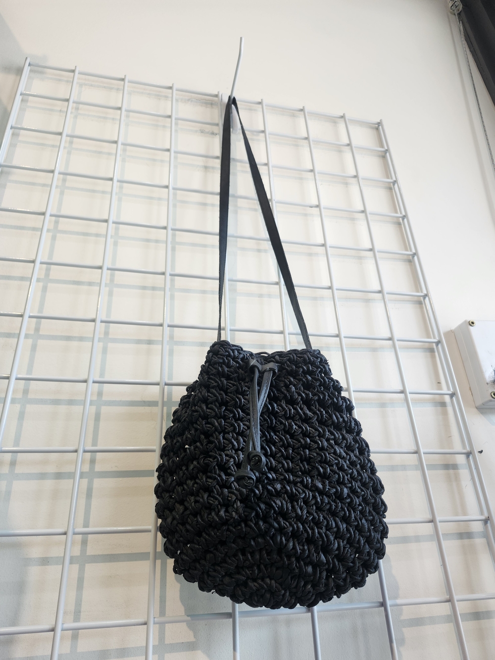 Black Crochet Drawstring Shoulder Bucket Bag